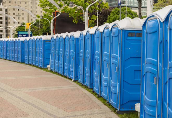 portable restrooms with sink and hand sanitizer stations, available at a festival in Blue Point NY